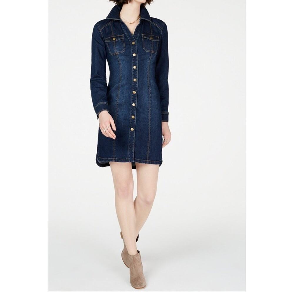 Denim Button Front Shirt Dress Casual Long Sleeve Size 8 - Picture 3 of 8